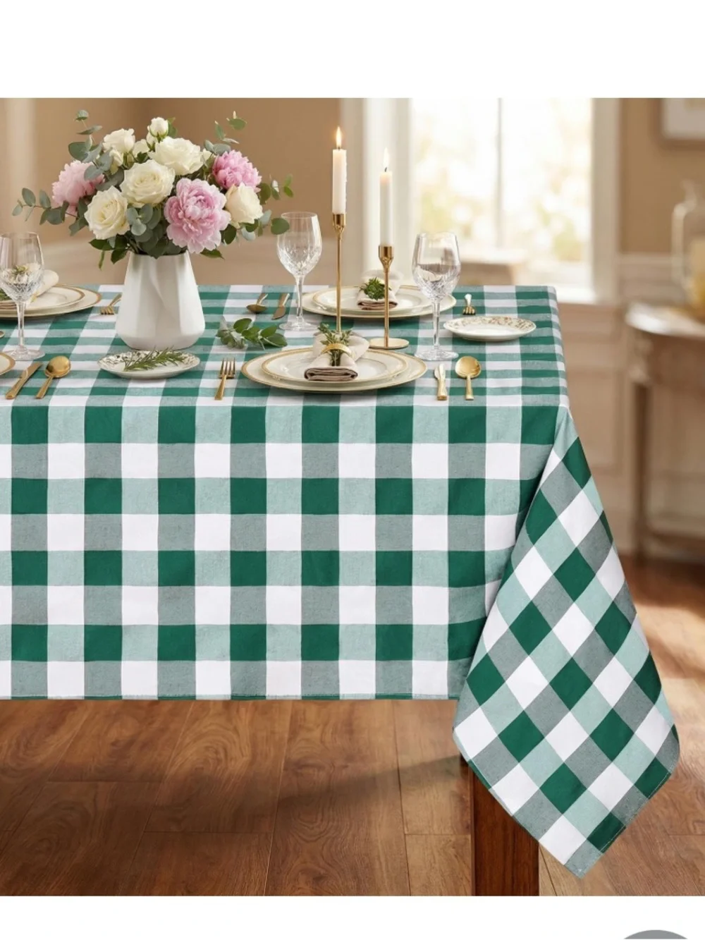 Checkered Tablecloth Washable Polyester Rectangular 60x84” GREEN & WHITE